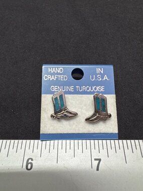 Handcrafted Sterling Silver Cowboy Boot Earrings With Genuine Turquoise Inlay We